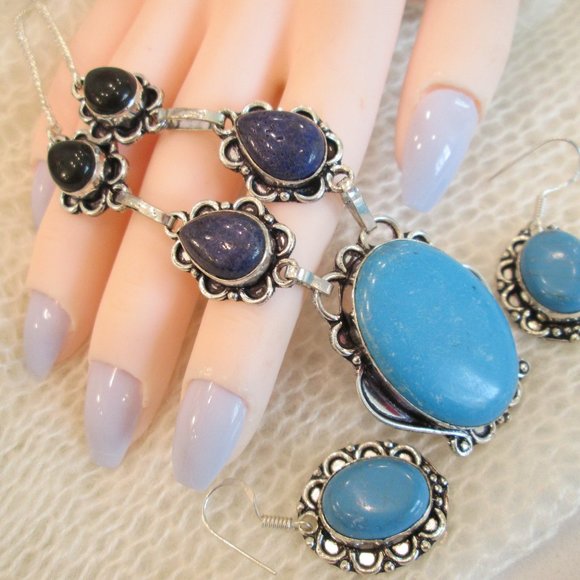 TURQUOISE NATURAL PERSIAN GEMSTONE LADIES  925 STERLING SILVER NECKLACE EARRING - Picture 2 of 9